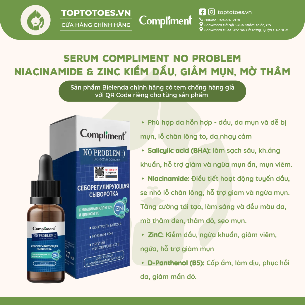 Serum Compliment No Problem Niacinamide & Zin C kiềm dầu, giảm mụn, mờ thâm