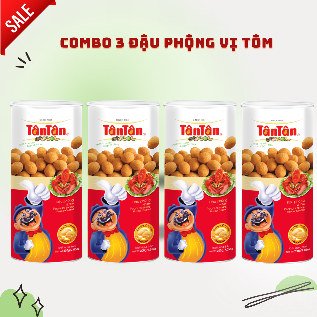 Combo 4 lon Đậu phộng vị Tôm Tân Tân 200g