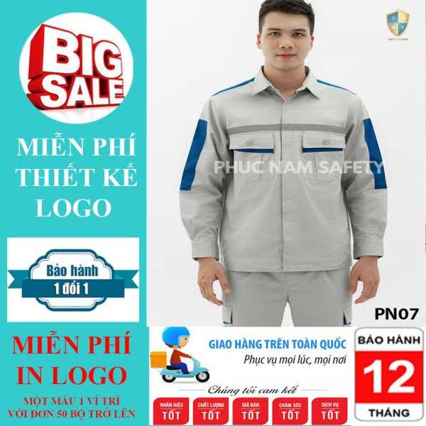 Bảng giá Bộ quần áo bảo hộ lao động vải Pangrim cao cấp màu ghi đá xanh phối xanh dương – PN07, BHLĐ Phúc Nam