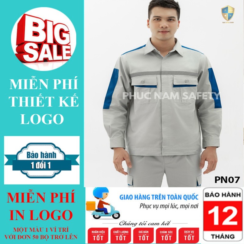 Bộ quần áo bảo hộ lao động vải Pangrim cao cấp màu ghi đá xanh phối xanh dương – PN07, BHLĐ Phúc Nam