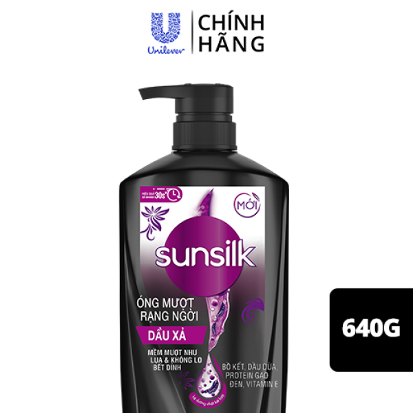 Dầu xả Sunsilk Óng Mượt Rạng Ngời 640g giúp tóc mượt không bết dính với Bồ Kết, Dầu Dừa, Protein Gạo Đen và Vitamin E