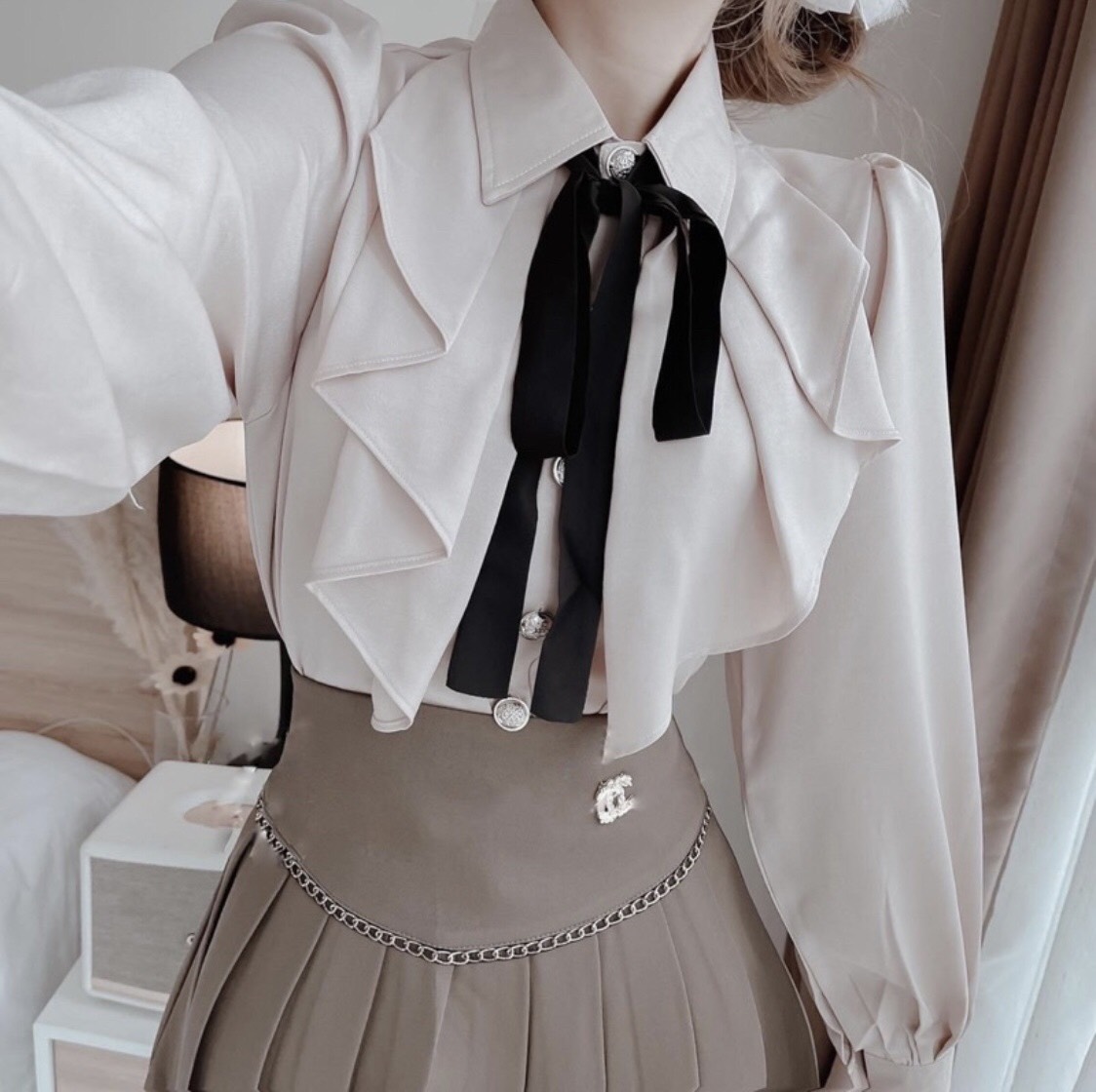 Áo sơ mi cổ bèo thắt nơ ht033