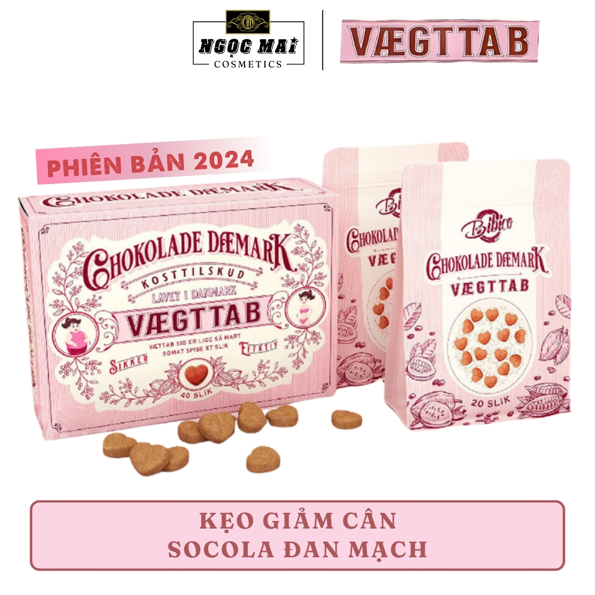 Socola giảm cân, kẹo giảm cân chokolade vægttab Đan Mạch không béo (hộp hồng 40 viên), không thấy đói, không thèm ăn, không mệt mỏi