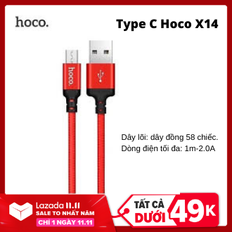 Cáp Sạc Nhanh Type C Hoco X14 Dây Sạc Bọc Dù Chống Đứt Chống Rối Hỗ Trợ Truyền Dữ Liệu Dành Cho Samsung Galaxy Note 9/Note10/S9/S10/S10+ Sạc Nhanh 2A Max - Hàng Chính Hãng