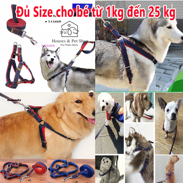Dây Dắt Chó Mèo Thú Cưng kèm Đai Yếm - Chó Lớn 1-25kg bằng Vải Jean Vải Bò Cao Cấp siêu chắc chắn Bền Đẹp