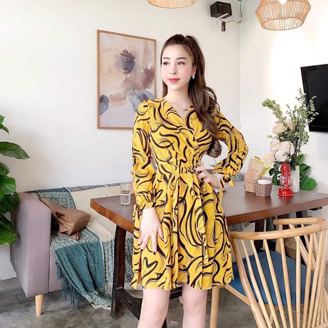 Đầm nữ cổ sơ mi họa tiết cột eo