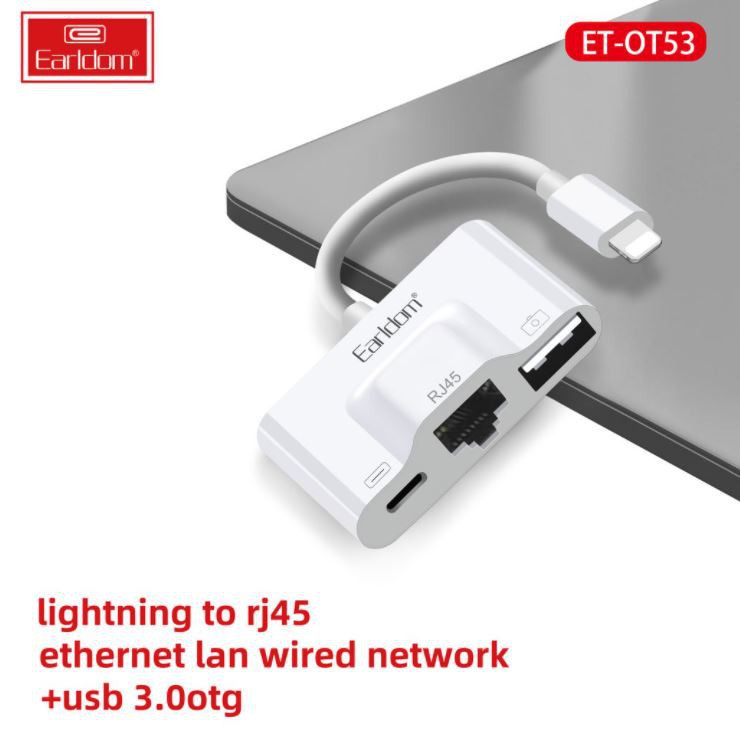 JACK CHUYỂN LIGHTNING 3IN1 EARLDOM OT53 (1 CỔNG SẠC + 1 CỔNG RJ45 + USB 3.0)