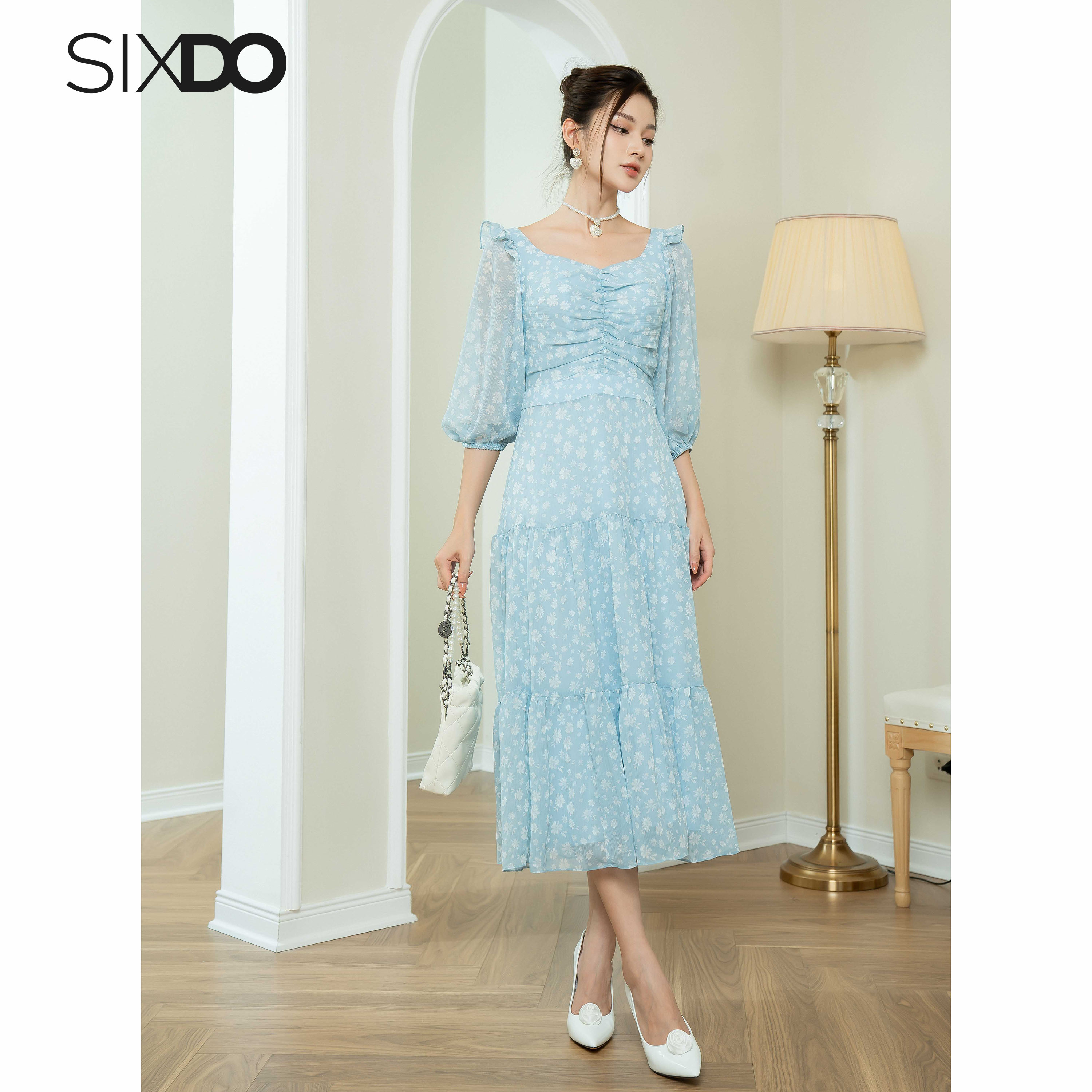 Đầm voan hoa tay phồng SIXDO (Floral Midi Voile Dress)