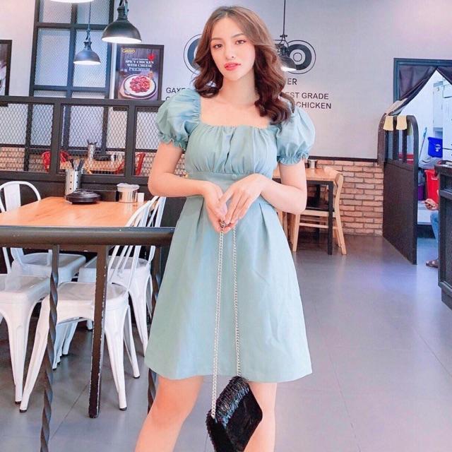 Đầm mint cổ U xếp li ngực