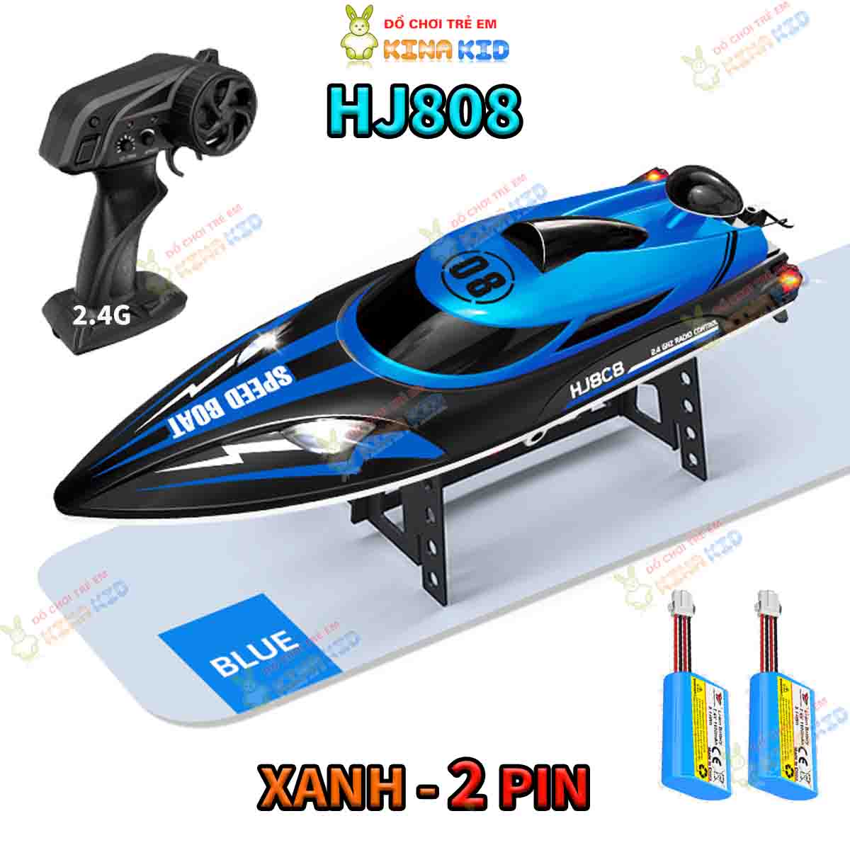 Cano Điều Khiển Từ Xa Tốc Độ Cao 25Km/h HJ808 Racing Boat, Chống Lật, Có Điều Tốc, Đèn Led Sáng, Cảnh Cáo Pin Thấp