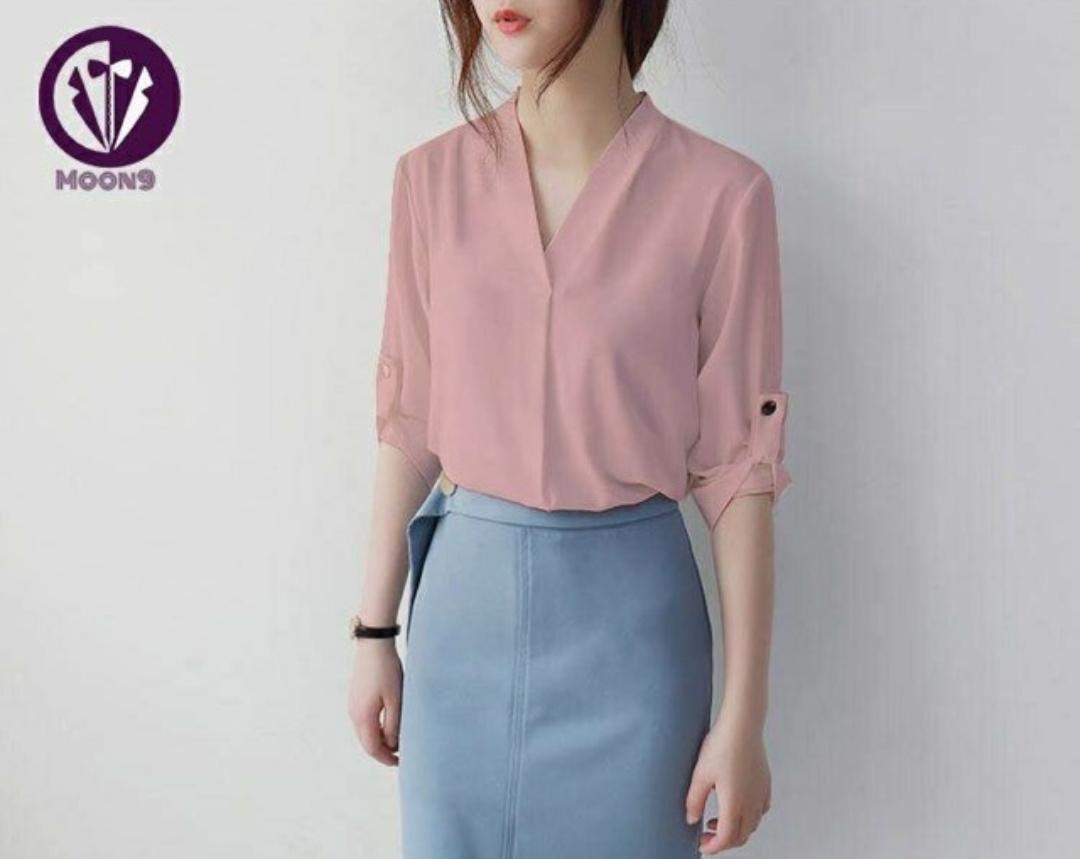 [HCM]Áo sơ mi nữ cổ V cao cấp 2 màu: Trắng Hồng