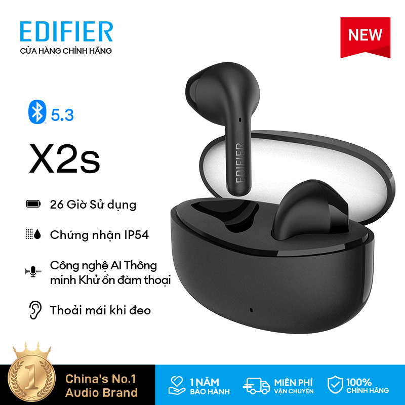 Tai nghe Edifier X2/X2s không dây Bluetooth 5.3 - Khử tiếng ồn bằng công nghệ AI, chống nước IP54, có chế độ chơi game, THỜI GIAN SỬ DỤNG LÊN TỚI 26 GIỜ
