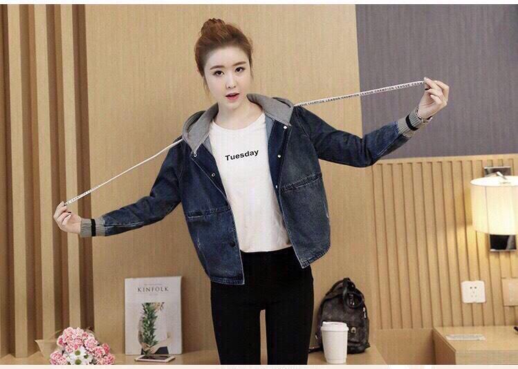 Áo khoác jean mềm tay bo thun nón cổ