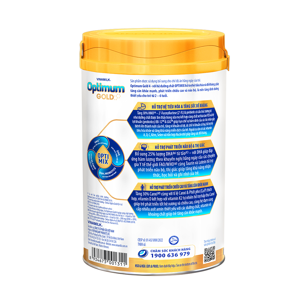 Sữa bột Vinamilk Optimum Gold 4-Hộp thiếc 850g (cho trẻ từ 2- 6 tuổi) - Sữa công thức giúp Tăng cân, chiều cao, tiêu hóa, phát triển não bộ