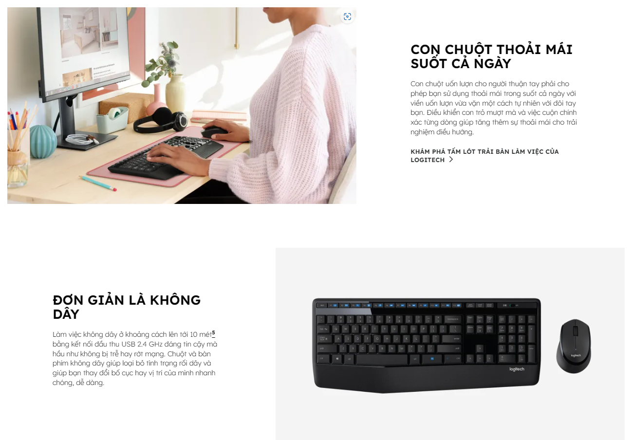 Bàn phím chuột không dây Logitech MK345 kết nối cổng Usb 2.4 GHz, Thiết kế chống đổ tràn, bệ tỳ tay, Full Side - Bảo hành 12 tháng