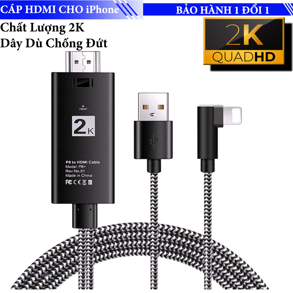 Cáp Chuyển Đổi Tín Hiệu Từ Iphone ipad Sang Tivi Lightning to HDMI 2K Dây Dù Bẻ Góc 90 Độ Dài 2m Cao Cấp