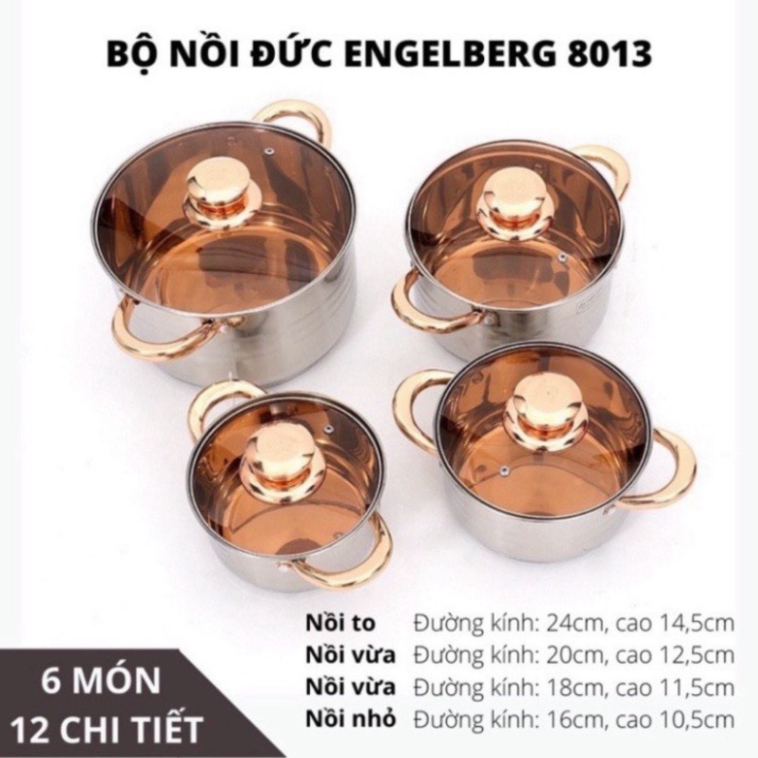 Bộ nồi enɡelberg 8013 đáy từ 6 món 12 chi tiết nhập khẩu từ đức chính hãng bảo hành 12 tháng.