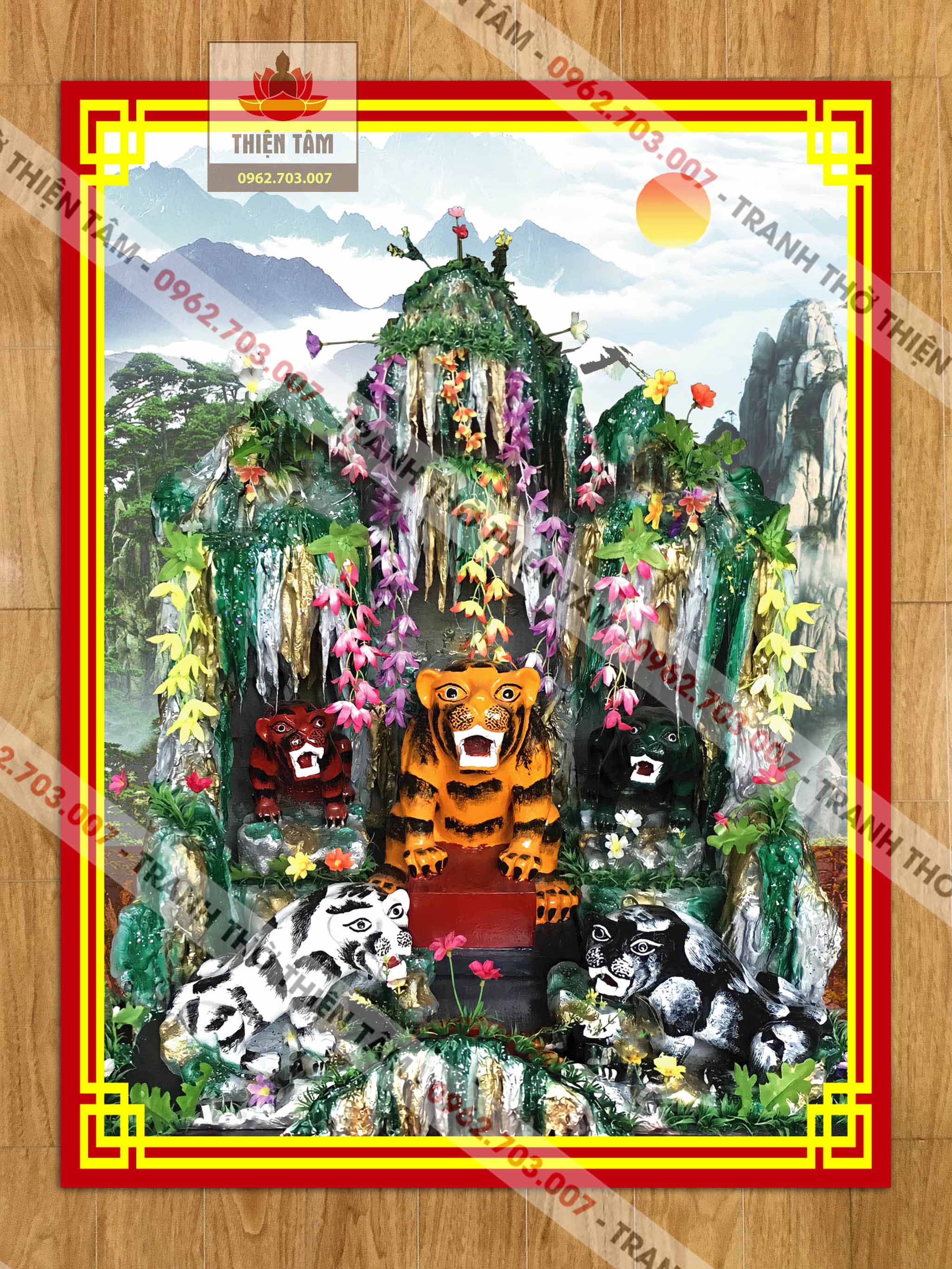 Tranh Động Ngũ Hổ 3D (KHÔNG KHUNG) chất liệu vải phủ bóng cao cấp dày dặn