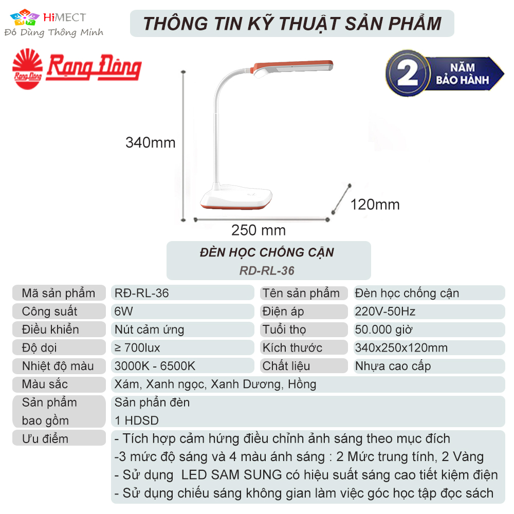 Đèn Học Để Bàn Chống Cận Rạng Đông Bảo Vệ Thị Lực Mắt 3 Mức Sáng Nút Bấm Cảm Ứng RD-RL-36 Bảo Hành 12 Tháng - HiMect