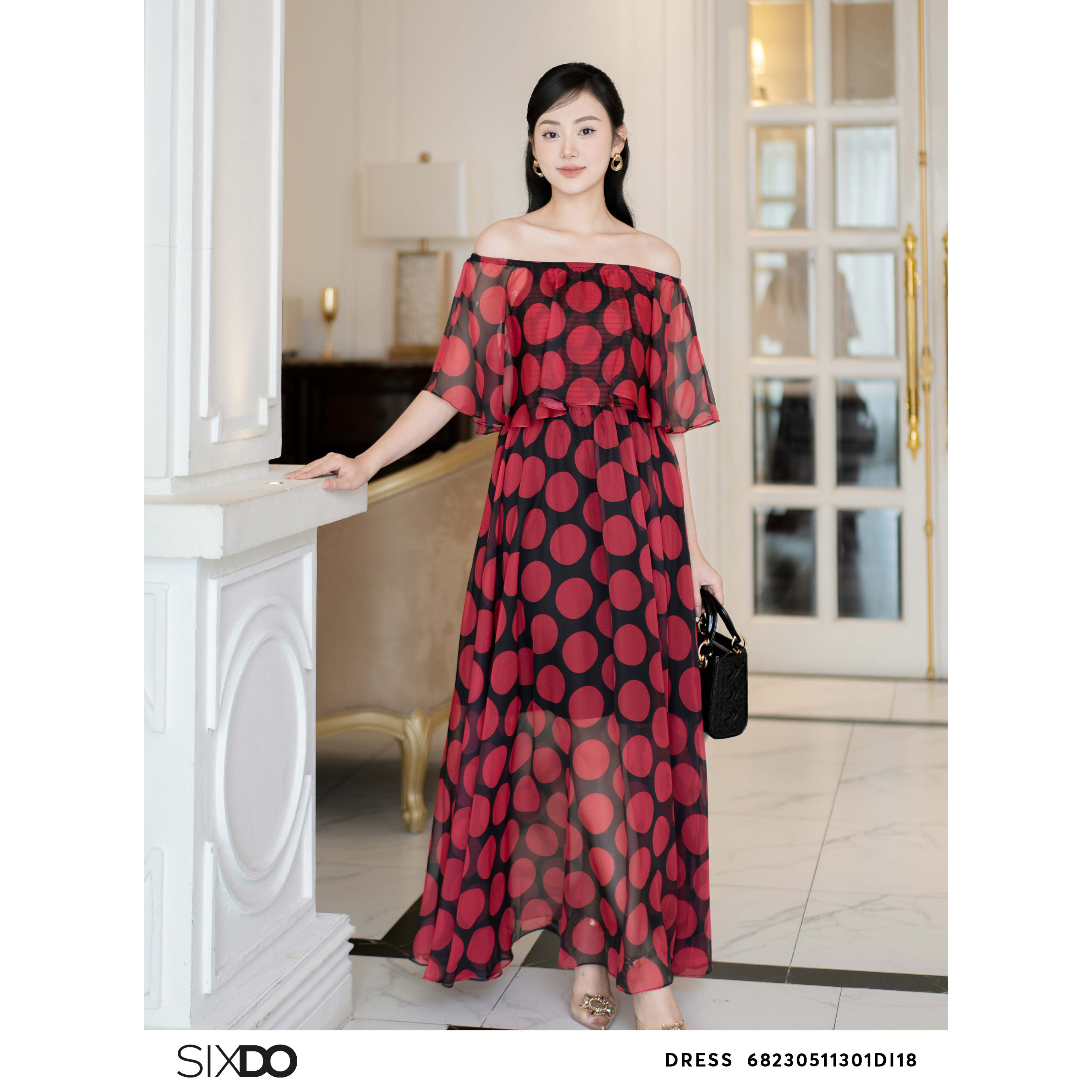 Đầm voan chấm bi trễ vai SIXDO (Black Polka Dots Midi Voile Dress)