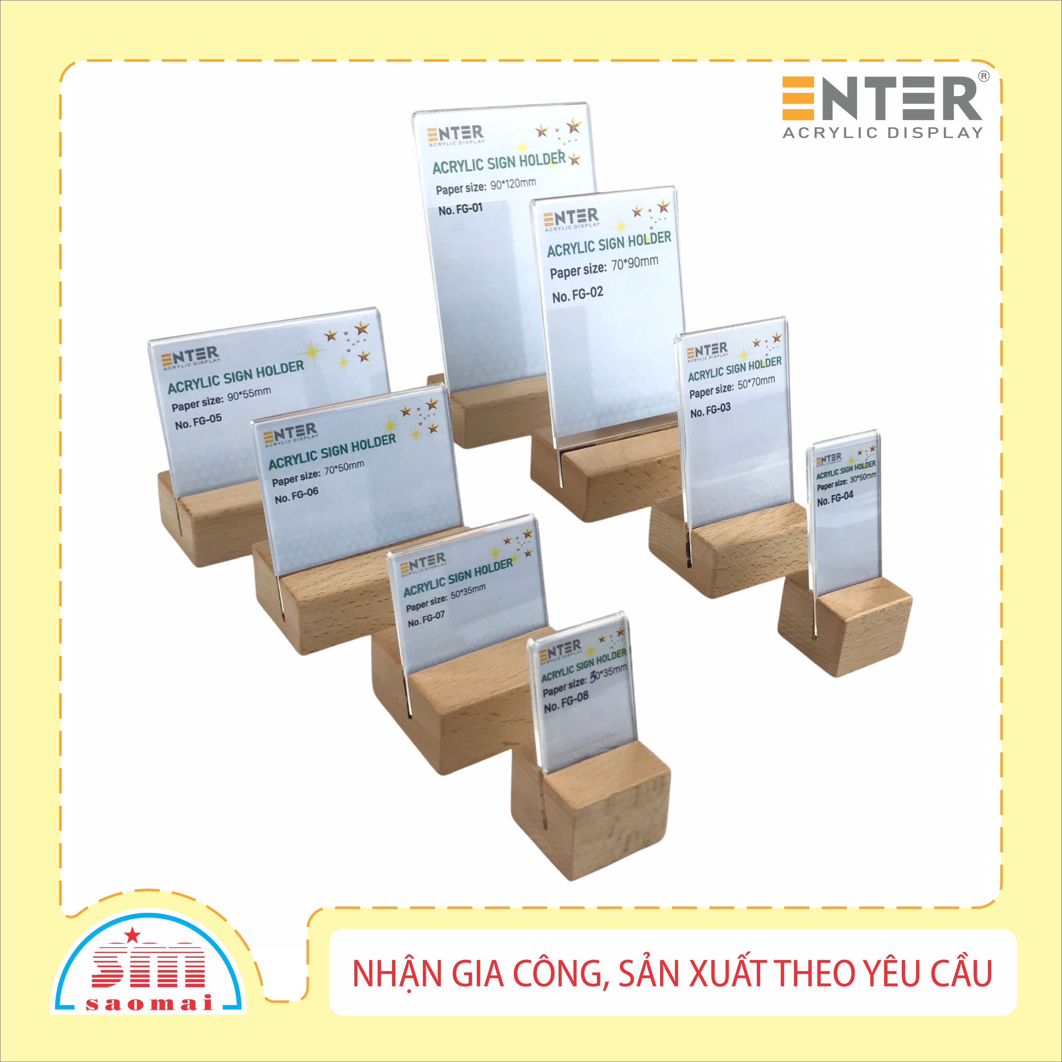 Kệ mica 1 mặt đế gỗ Enter FG-01 90x120mm, Kệ thông tin sản phẩm, Standee mica để bàn, Bảng quét mã QR Code