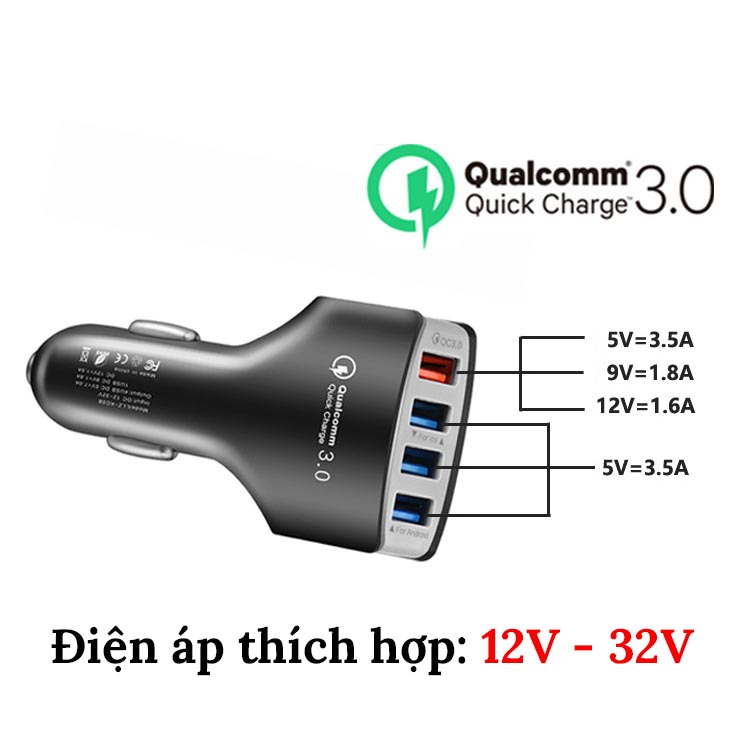 Tẩu Sạc Ô Tô 4 Cổng USB (Có 1 Cổng Quick Sạc Nhanh 3.0)