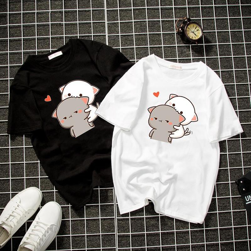 Áo thun unisex form rộng Hàn Quốc mèo và bạn dễ thương vải dày mịn TEEWO2267