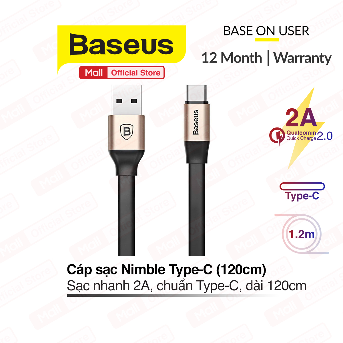 Cáp sạc nhanh Baseus Nimble Type-C sạc nhanh 2A cáp dẹt chống rối chống gãy gập dài 120cm