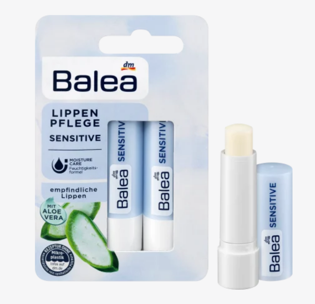 Set 2 thỏi Son dưỡng môi Balea Lippenpflege Sensitive dưỡng ẩm hương lô hội cho môi nhạy cảm 2 thỏi 4.8g