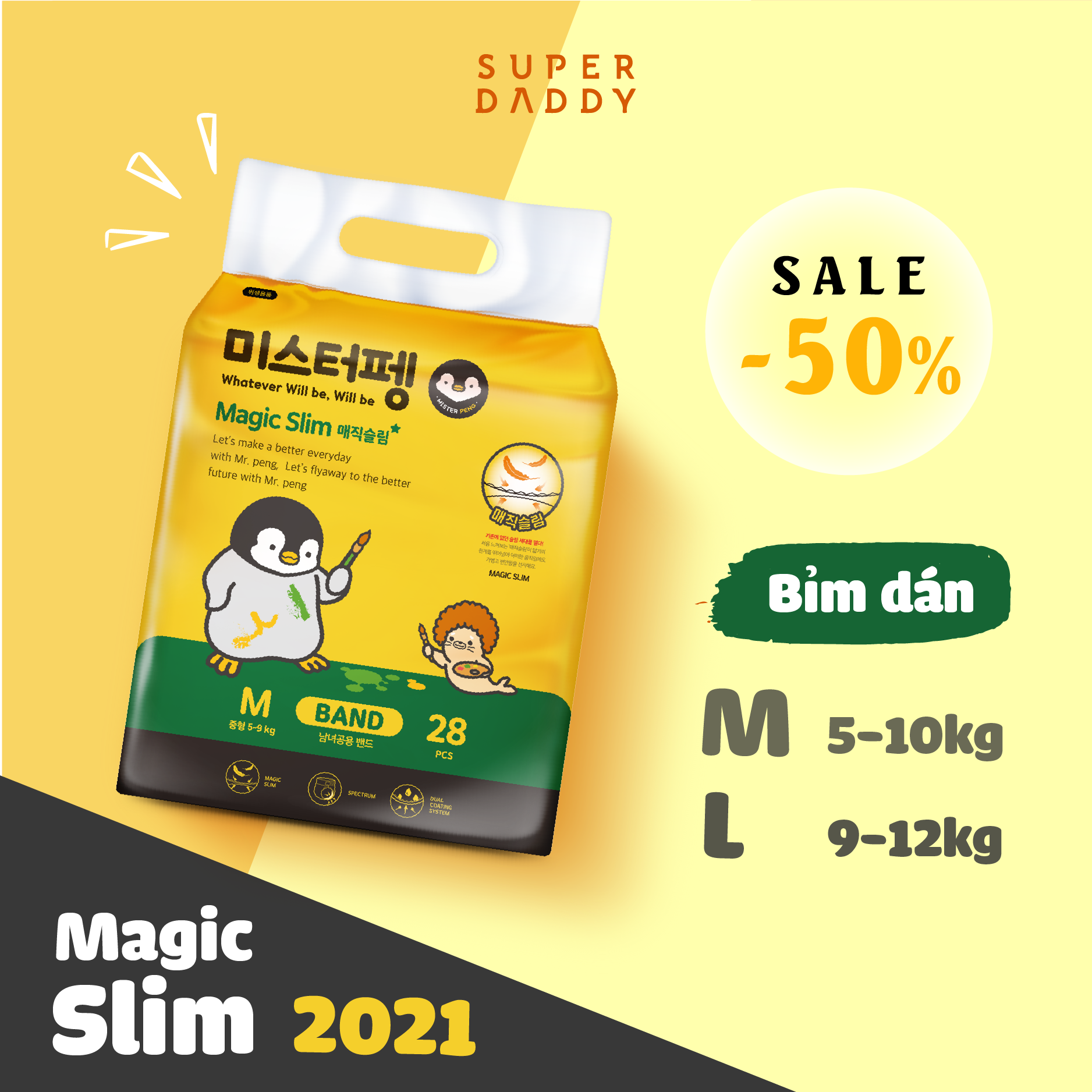 Tã Bỉm Quần/Dán Super Daddy Magic Slim Hàn Quốc Size M/L/XL/Big Size