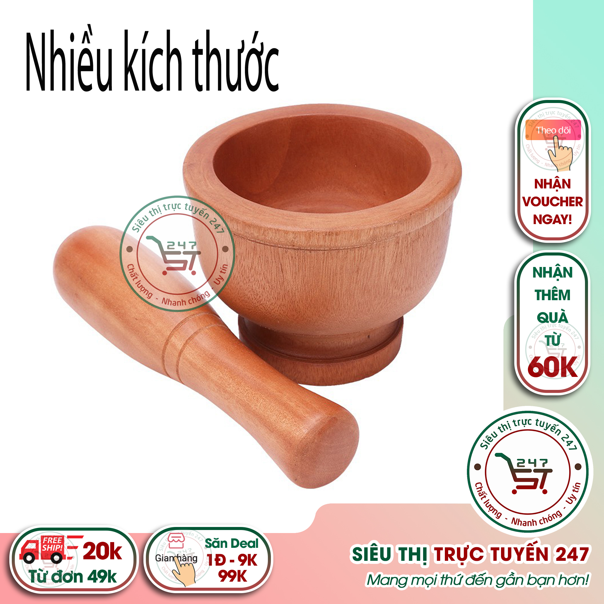 Bộ cối chày gỗ đâm tiêu giã tỏi đa năng nhiều size 13-19 tiện lợi