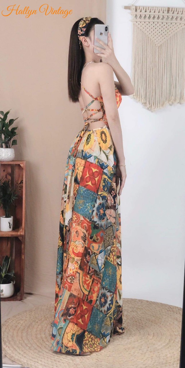 Đầm thổ cẩm cổ yếm-QH