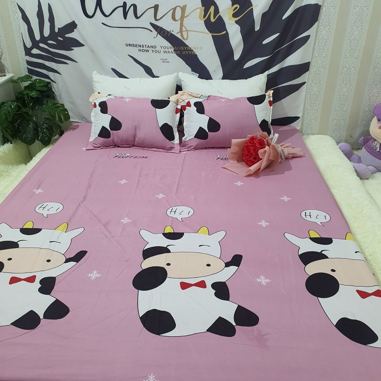 Bộ 3 Món Ga Gối Poly Cotton Thoáng Mát Mẫu BÒ SỮA HỒNG Phong Cách Hàn Quốc