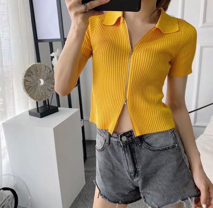 Áo kiểu thun gân tăm phối dây kéo cổ bẻ Hit Hot TTSLA0211