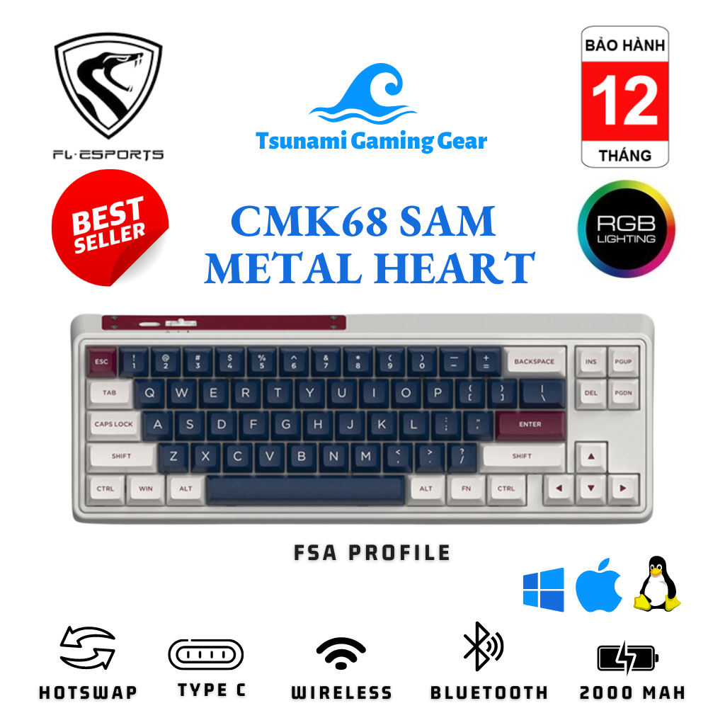 Bàn phím cơ FL-Esports CMK68 SAM Marshmallow/ Metal Heart 3 MODE l RGB/ Bluetooth / Wireless 2.4Ghz