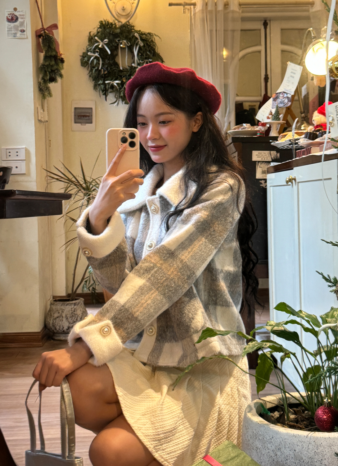 BLEUBIRD Áo khoác dạ lông kẻ caro Ella Coat