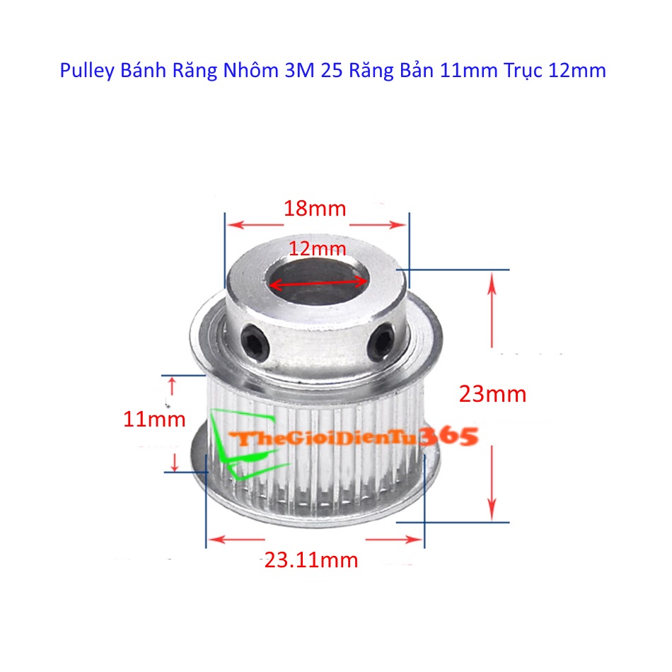 Pulley bánh răng nhôm 3m 25 răng bản đai 11mm trục 12mm