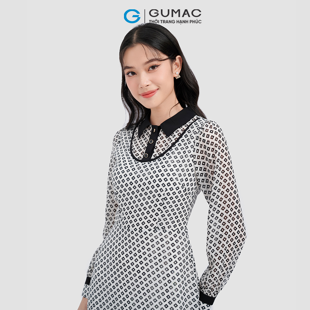 Đầm form A họa tiết phối cổ GUMAC DC09054
