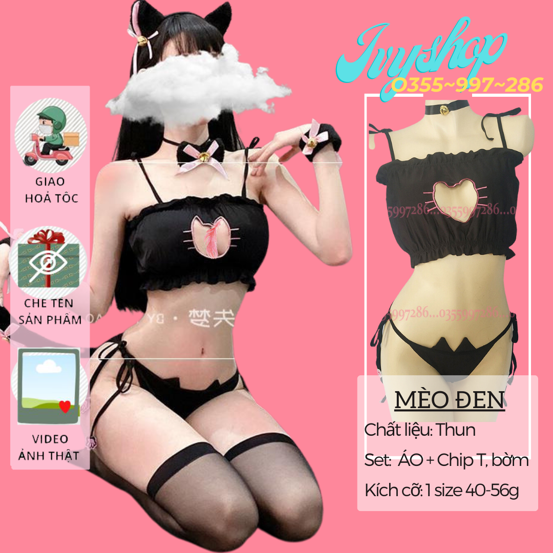Bộ Đồ Lót Cosplay Sexy Fullset Kèm Tai Mèo Gắn Chuông  [Không Tất], Set Bikini  Cospplay Miêu Nữ,  Thú Cưng Gợi Cảm - Mã Lolita Chip