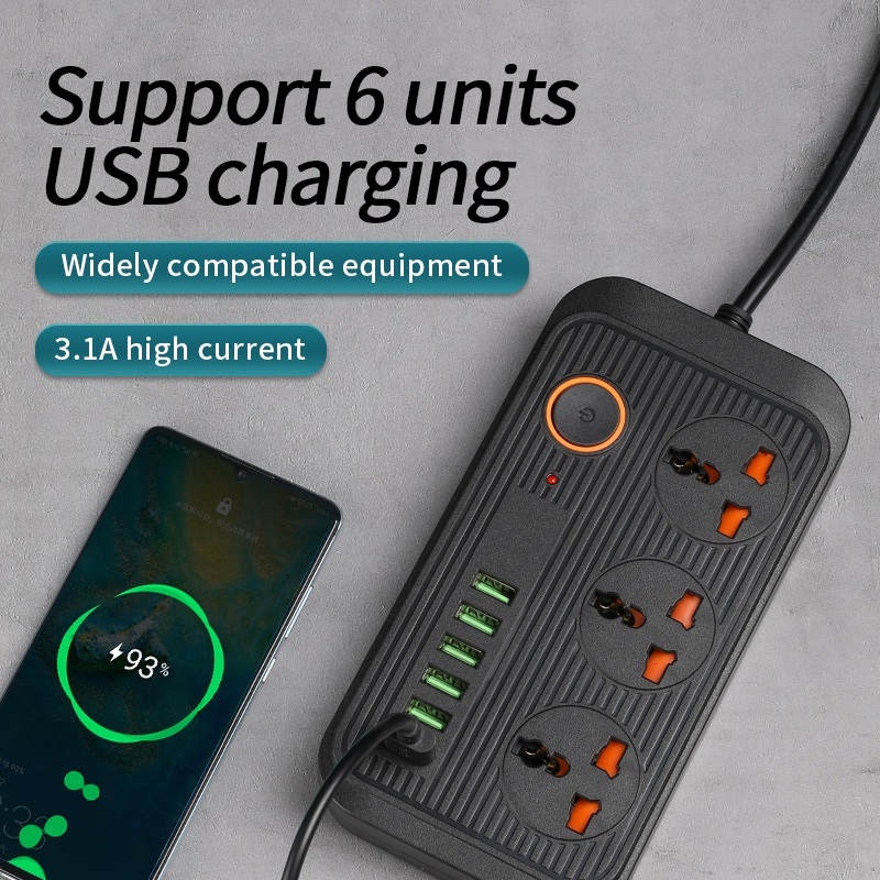 Ổ Cắm Điện Có Công Tắc Riêng, Ổ Điện Thông Minh, Ổ Điện Đa Năng 6 Cổng USB, Phích Cắm 3 Chấu, Sạc Nhanh, Chịu Tải Tốt 3000W, Dây Dài 2m, Giá Rẻ.