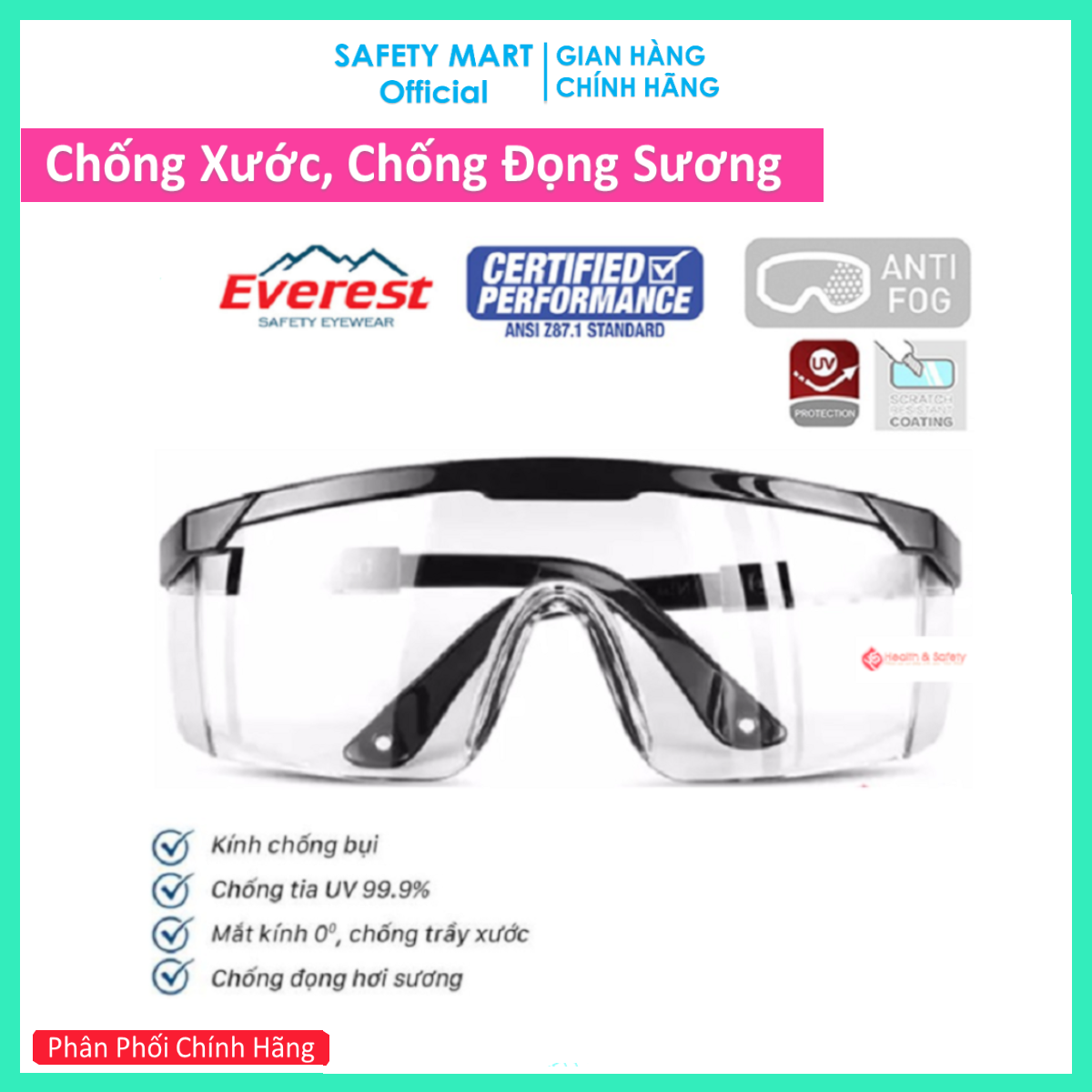 KÍnh bảo hộ lao động EV105 chống bụi tia UV, Kính bảo hộ Everest EV105 Chính Hãng Tawan - Chống Xước, Đọng Sương, Vừa Vặn Khuôn Mặt Bảo Vệ Mắt Tối Ưu - Hàng Chính Hãng SAFETY MART OFFICIAL