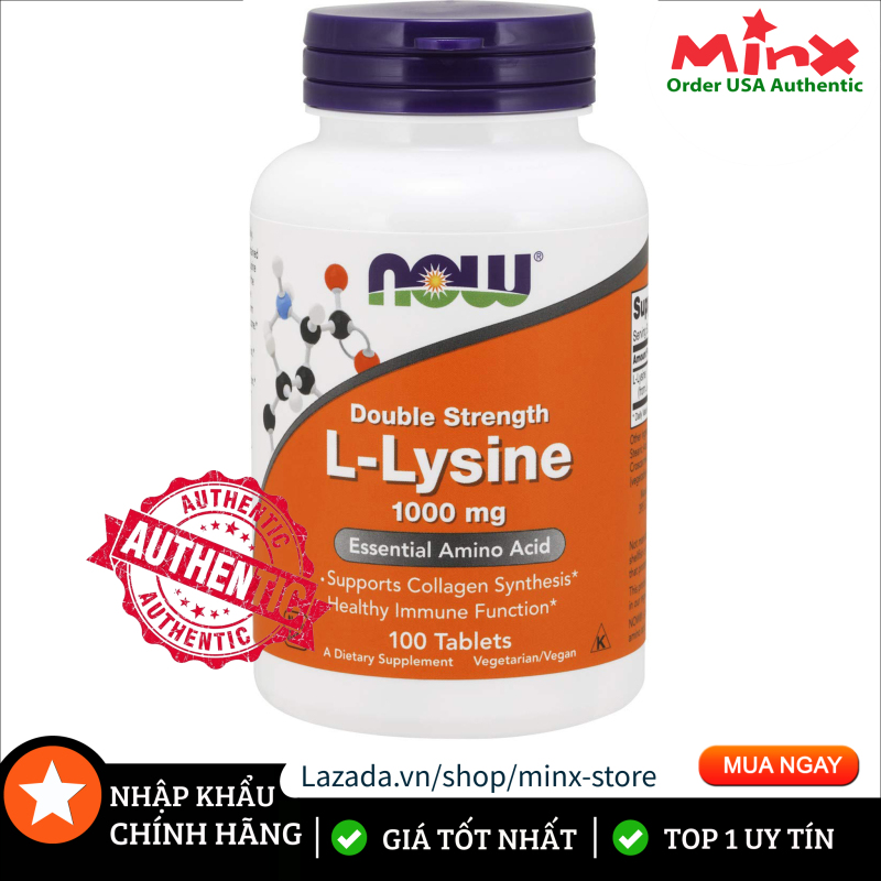 Viên Uống NOW L Lysine 1000mg (100 viên) - NOW Double Strength L-lysine - Bổ Sung Amino Axit Điều Hòa Nội Tiết Llysine GNC nhập khẩu
