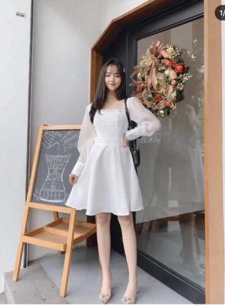 (THANH LÝ) Đầm Trắng Xòe Tay Phồng Dễ Thương