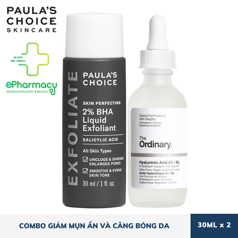 COMBO Paulas Choice BHA 2% [30ml] + The Ordinary Hyaluronic Acid 2% + B5 [30ml] giúp giảm mụn ẩn & căng bóng da