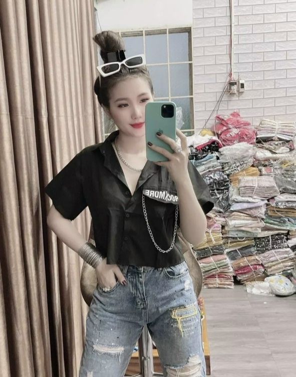 ÁO SƠ MI KIỂU CROPTOP,ÁO ĐÍNH DÂY XÍCH(na)