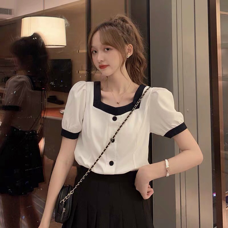 Áo Kiểu Hot Trend Hàn Quốc Mới Tay Ngắn Cổ Vuông Phối Viền Đen Và Cột Nơ Sau Lưng Tiểu Thư TTSA0737