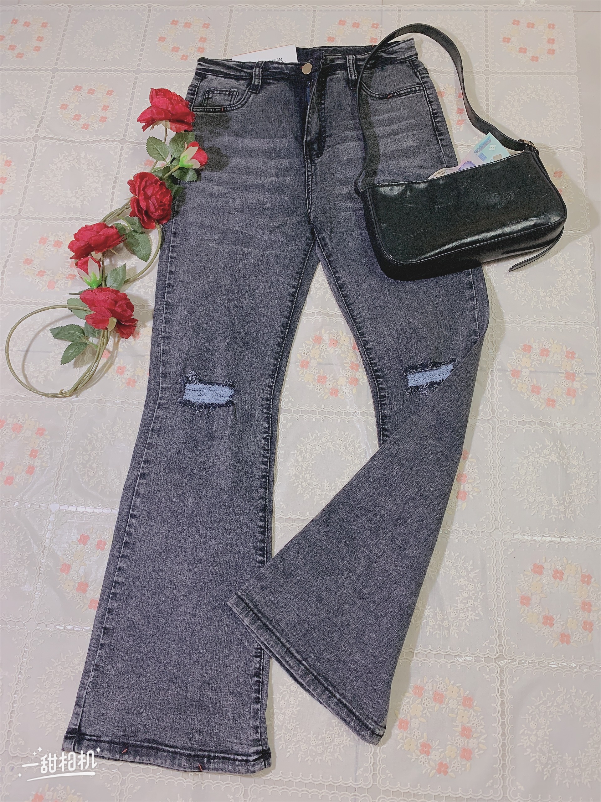 [HCM]Quần Jean Nữ Loe Xám Rách Gối Lưng Cao Chất Liệu Đẹp PHƯƠNG VI FASHION.