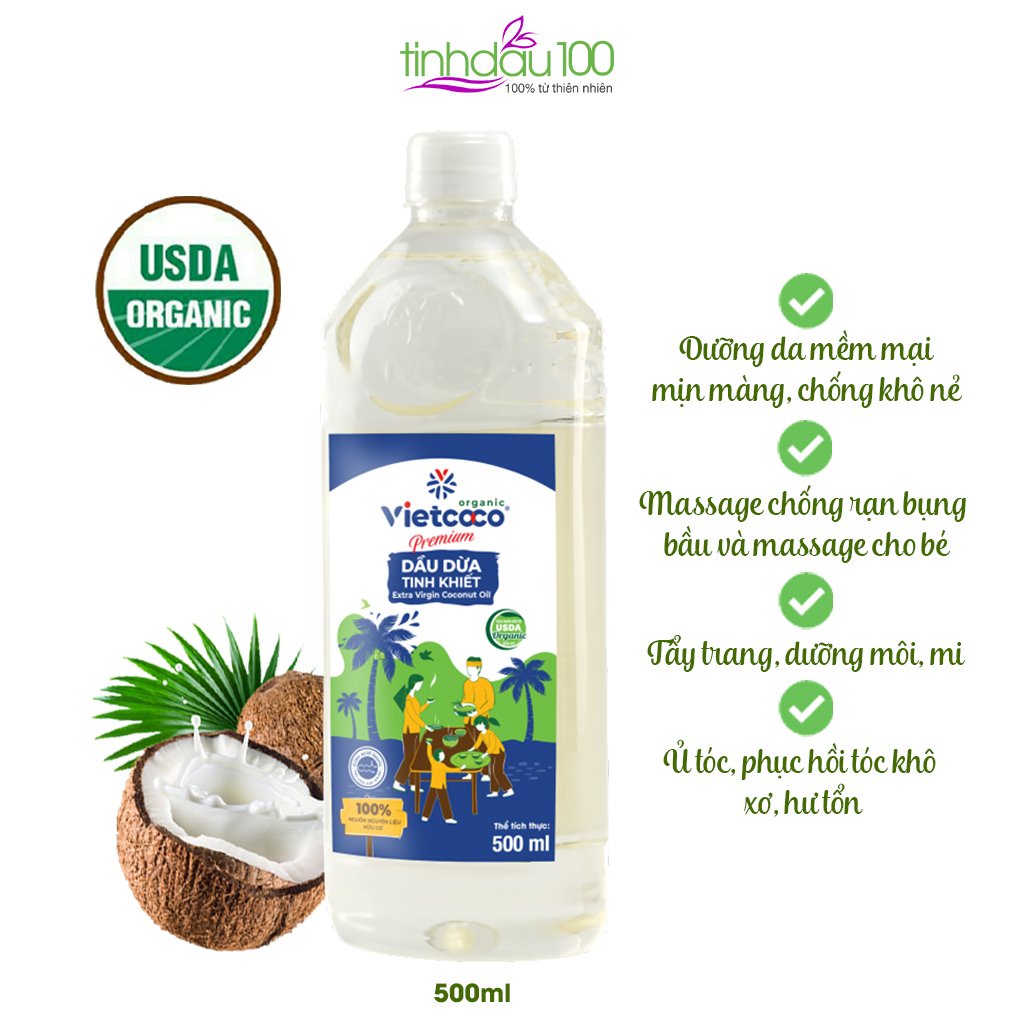 Dầu dừa tinh khiết Organic VIetcoco (thực phẩm) - chai 250ml, 500ml, 1lit.....