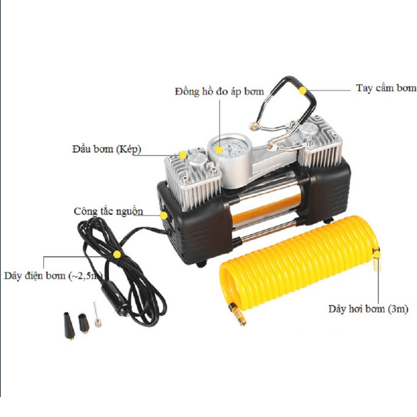 Bơm Ô Tô 2 Xi Lanh Cao Cấp Đồng Hồ Cơ Không Đèn, Tặng Kèm Các Phụ Kiện Cho Bơm 2 Piston Xylanh