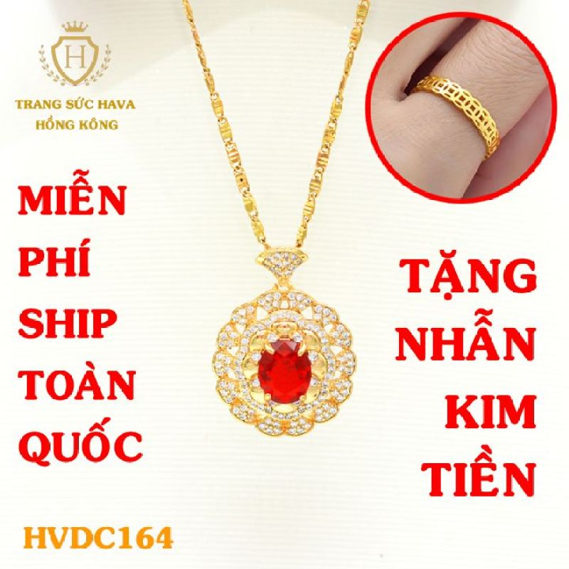 Vòng Cổ Nữ, Dây Chuyền Nữ Mặt Tròn Đính Đá Màu Đỏ, (Không Bị Xỉn Đen), Titan Xi Mạ Vàng Non 10k, 18k, 24k Thật Cao Cấp - Trang Sức Hava Hong Kong Thời Trang Cá Tính